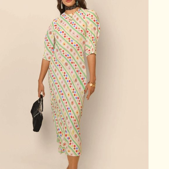 NWOT RIXO - Jess Crewneck Midi Dress in Cream Retro Stripe - Size XS - Picture 1 of 11